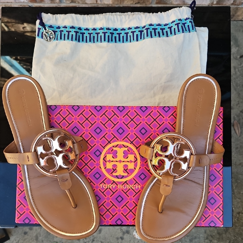Tory Burch Tan Leather Miller Logo Thong Sandals with Gold Medallions